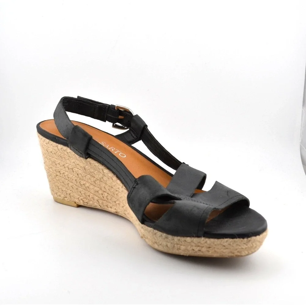 Franco Sarto Wedge Sandals Women 8 Black Espadrille Leather Women‎ Peep Toe